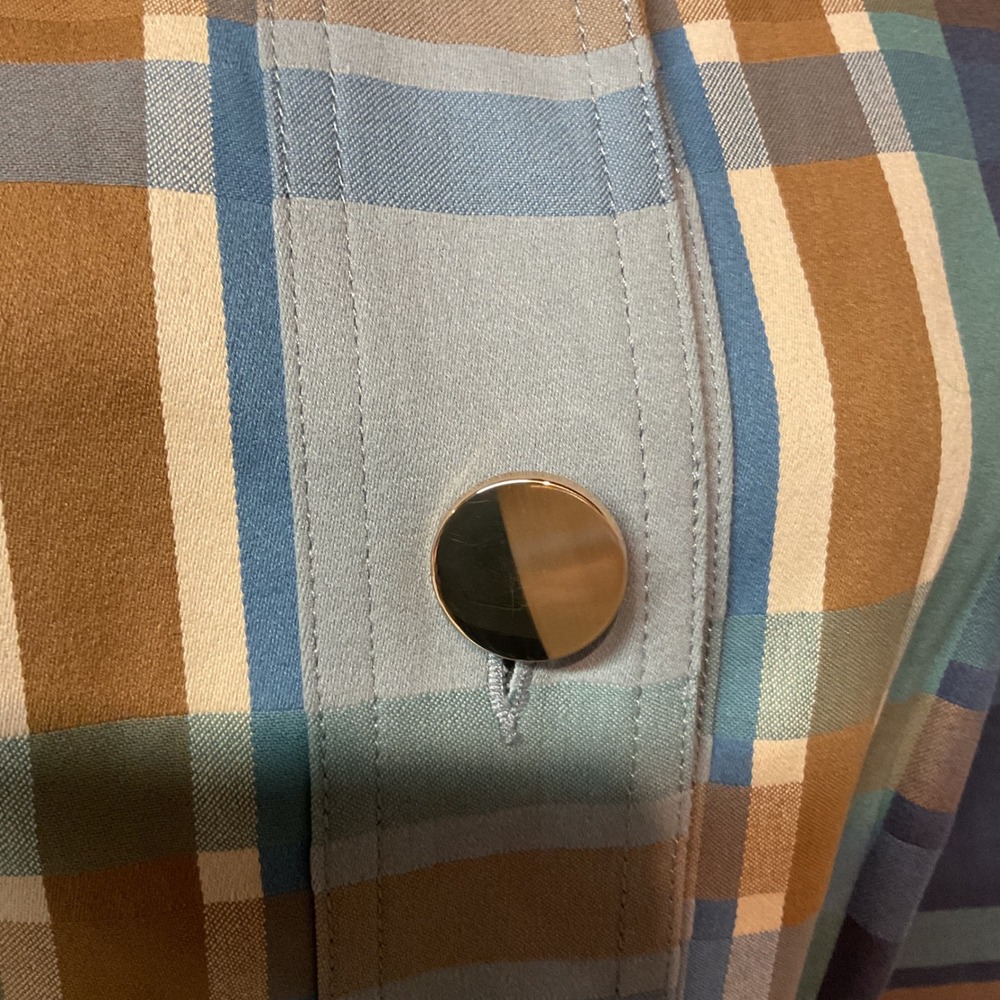 CAbi Women's Multi Plaid Printed Highclere Trench Gold Button Front Size Medium - Picture 6 of 11